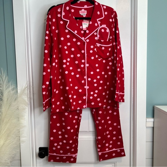 Kate Spade 3 Piece Flannel Red & Pink Polka Dot Pajama Set. Size Large. NWT. - Picture 2 of 14